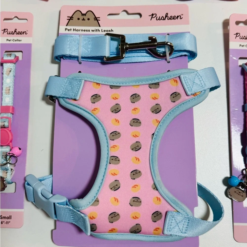 Pusheen Cat Harness Leash Set + 2 Cat Collars + 4 Collar Bows Bundle Small